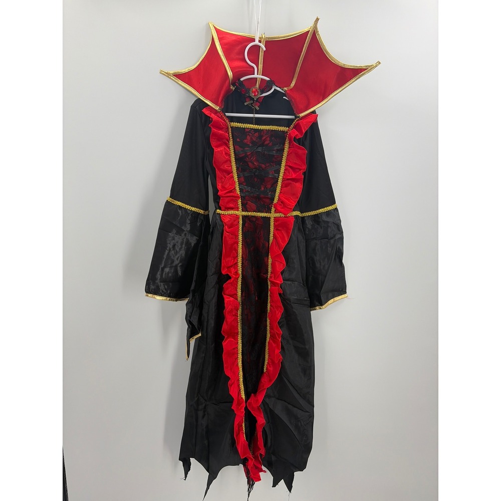 Kids Gothic Vampire Costume Dress Black Red Lace Choker XL Halloween